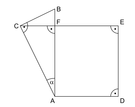 Geometrische Skizze mit Dreieck ABC und Rechteck AFED, markierten Winkeln und Winkel α bei A.